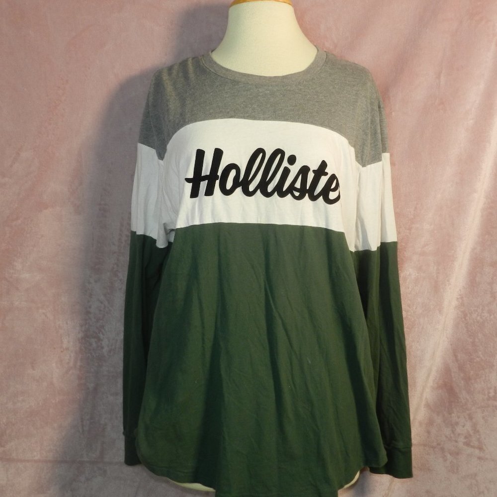 Hollister Unisex Long Sleeve Dark Green, White And Grey Loose Shirt Size Large
